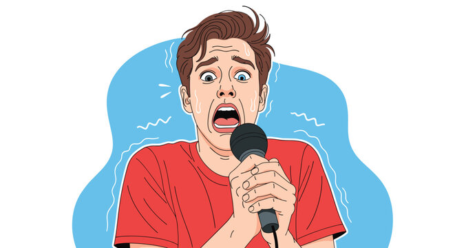 Anxious young man with a terrified expression and sweat on his forehead nervously grips a microphone on a blue background.