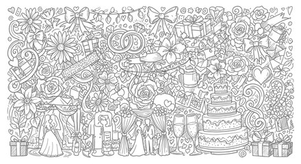 Obraz premium Intricate Wedding Celebration Doodle Coloring Page with Cake and Flowers