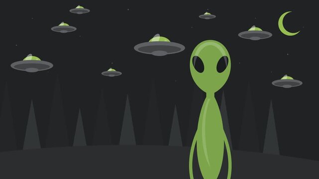 Extraterrestrial Green Alien Standing Under Fleet of Flying Saucers in Night Sky Forest