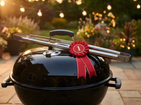 Black charcoal grill with tongs and winner ribbon for dad jokes pro