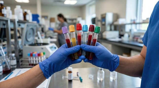Medical professional holding multiple colorful blood test tubes in laboratory