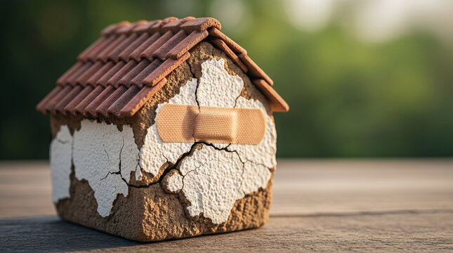 Miniature house model displaying cracked foundation and band-aid symbol of home repair and structural damage on weathered wooden surface in outdoor setting.