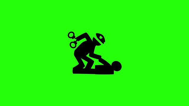 Professional 4K footage of a law enforcement officer putting steel handcuffs on a suspect silhouette bouncing. Clean legal justice department app icon element.