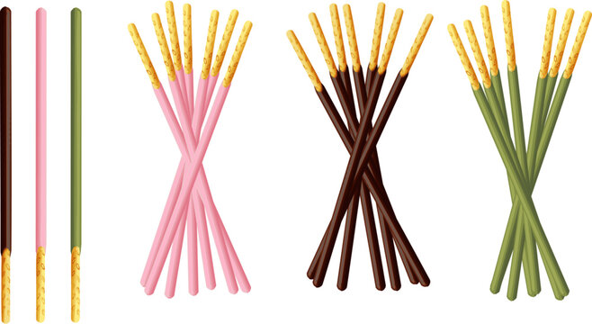 Chocolate biscuit sticks set, sweet crispy straw snacks with strawberry, chocolate, and matcha green tea flavors, vector illustration isolated on white background