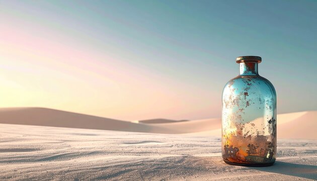 Vintage Glass Bottle in Desert Landscape at Sunset