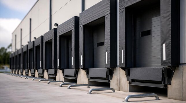 Modern warehouse loading docks with seals and levelers.