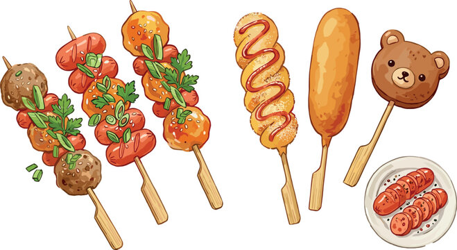 Korean Street Food Vector Set Featuring Corn Dogs, Yakitori Skewers, Meatballs, Sausages, and Cute Bear Shaped Snack Elements for Menu Design