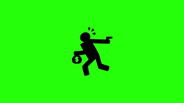 4K horizontal layout featuring a fleeing robber holding a money bag and shooting a gun backwards silhouette bouncing. Tactical action crime pursuit web icon.