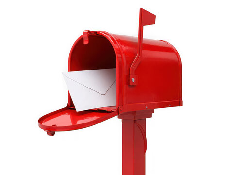 Red mailbox with white envelope open for delivery isolated on transparent background
