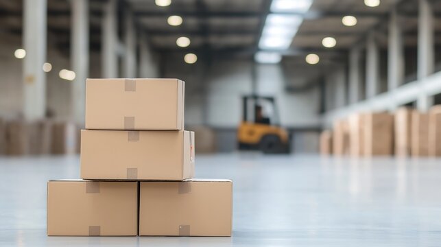 Delivery boxes ready for loading at warehouse loading dock with working forklift on background, modern logistics transportation concept, copy space available for text, industrial warehouse commercial 