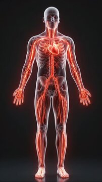 Full Body 3D Render of Human Male Skeleton and Internal Organs Standing, Highlighting a Luminous Heart and Cardiovascular Health