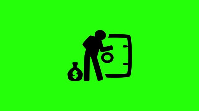 Dynamic 4K resolution asset showing a professional robber cracking a secure bank vault safe door silhouette bouncing. Playful popup digital security icon element.
