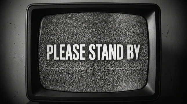 Retro television screen displays "PLEASE STAND BY" message with fuzzy static and subtle film grain, evoking nostalgia for classic broadcasting era and analog technology.