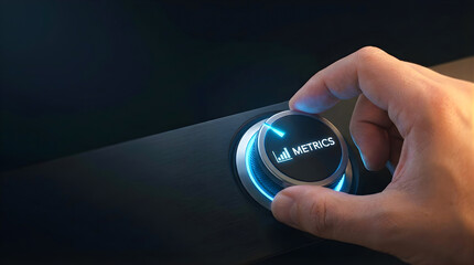 Fototapeta premium Hand adjusting metrics control knob with glowing blue light silhouette concept