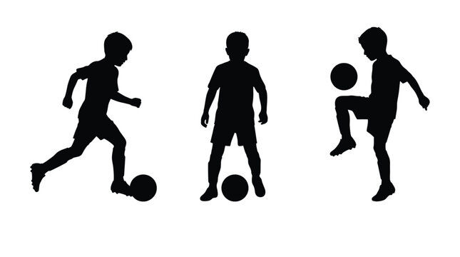 Three athletic young boys practicing various soccer skills including dribbling and juggling the ball while wearing shorts and jerseys in a set of isolated black silhouettes presented on white backgrou