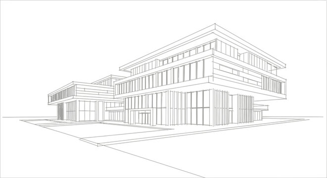 Modern Architectural Building Wireframe Sketch for Contemporary Design