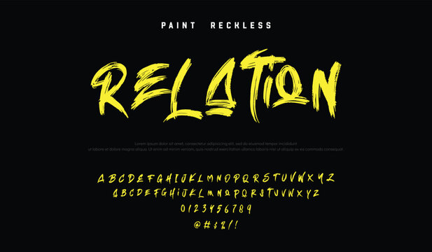display brush font with textured hand drawn alphabet and numbers for urban street style design. Brush stroke alphabet letters vector design: A, B, C, D, E, F, G, H, I, J, K, L, M, N, O, P, Q, R, S, T,