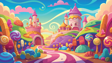 Fototapeta premium Whimsical candy land with lollipop trees and sweet castles under a pastel sky