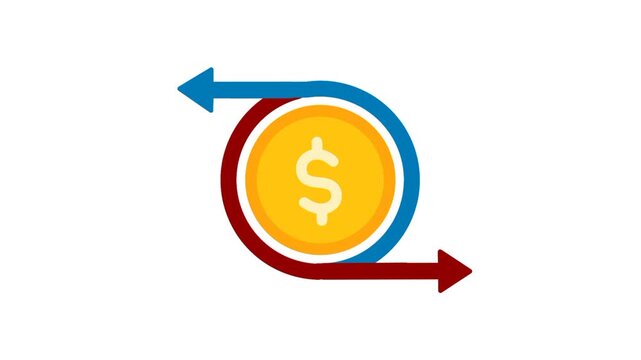 Cashflow icon with gold money symbol, red arrow, and blue arrow representing incoming and outgoing financial movement.