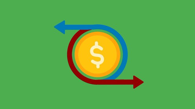 Cashflow icon with gold money symbol, red arrow, and blue arrow representing incoming and outgoing financial movement.