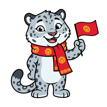 Cartoon Snow Leopard Holding Flag.
