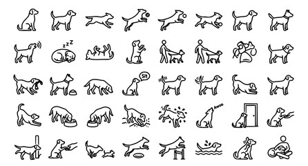 Naklejka premium Dog Activity and Behavior Black White Outline Icon Set Vector Illustration