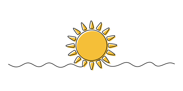Continuous single line drawing of a bright yellow sun rising over a wavy horizon representing summer weather and sunshine in a minimalist art style Vector, illustration