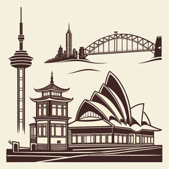 Fototapeta premium Vintage style silhouette collection of world landmarks and city skyline with silhouette, landmark