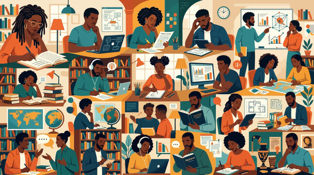 Diverse group of people studying and working together in library