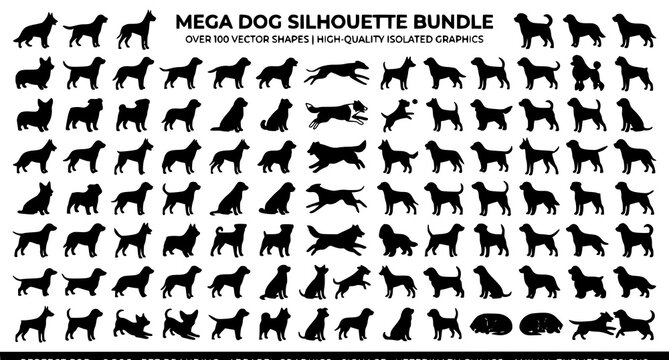100 dog silhouette bundle vector set collection of dog breeds isolated on white