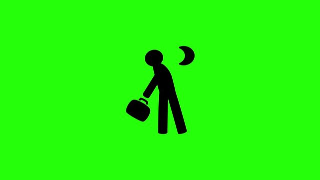 High quality 4K video showing an exhausted businessman walking late with a crescent moon silhouette bouncing. Creative overtime fatigue website asset.