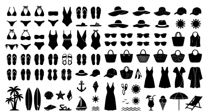 Summer beach silhouette bundle swimwear sandals vacation vector illustration set
