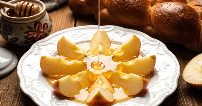 Sliced apples arranged in a circular pattern on a plate, drizzled with honey, set on a rustic wooden table