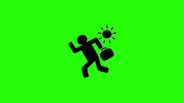 4K horizontal layout featuring a panicked businessman running fast with a briefcase under the sun silhouette bouncing. Tactical popup commute app web icon.