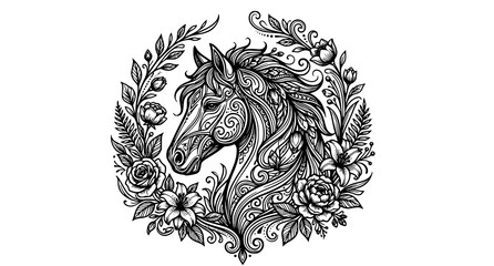 Obraz premium Decorative horse head with floral ornament vector tattoo style illustration
