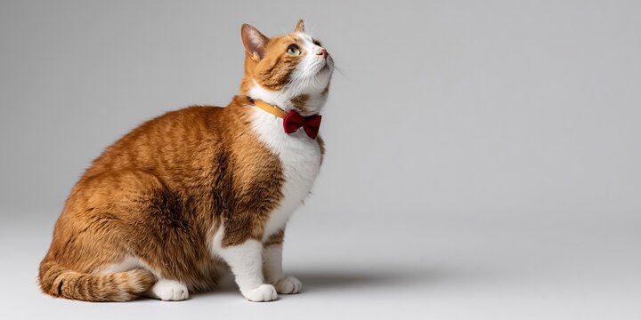 elegant orange and white cat wearing a red bow tie on gray background