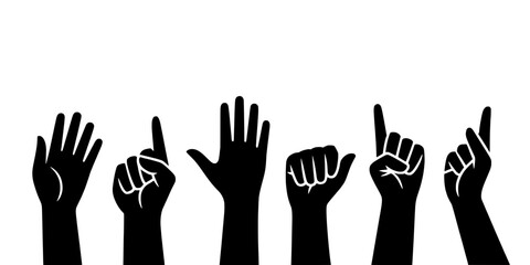 Obraz premium Hands Raised Set with Various Gestures and Symbols in Black and White Featuring Peace, Victory, Rock on with One and Two Elements for Three, Four