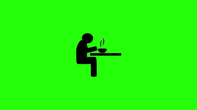 4K resolution video of a lonely worker sitting at a table eating their hot lunch meal silhouette bouncing into view. Perfect urban lifestyle web icon.