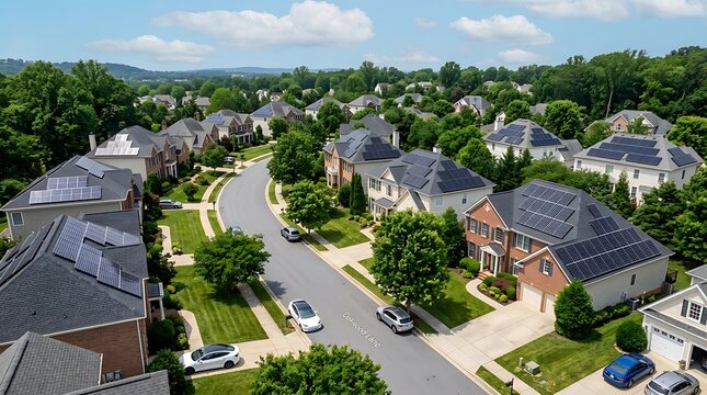 Aerial view of a suburban neighborhood with houses featuring solar panels