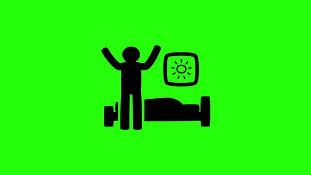 High quality 4K video showing an individual stretching and waking up next to a sunny bed silhouette bouncing. Creative healthy morning habit application icon.