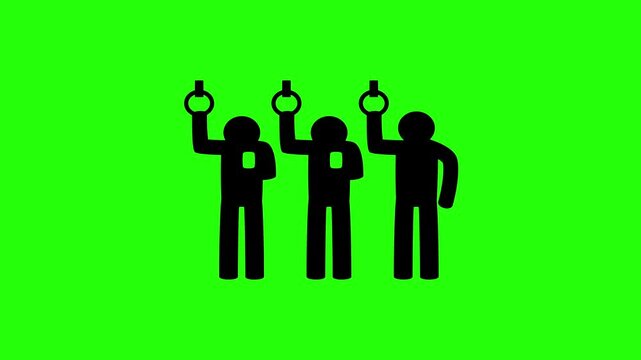 High definition 4K clip of corporate commuters standing and holding handles inside a crowded metro train silhouette bouncing cleanly. Tactical popup urban transit icon.