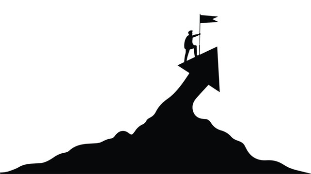 Silhouette of a person standing on top of a mountain peak with a flag, mountain