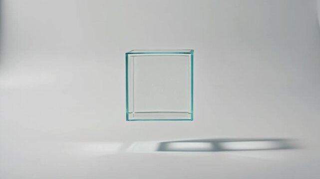 Elegant transparent glass rectangular prism floating weightlessly, casting subtle shadows on a clean white background, representing geometric purity and minimalist design concept