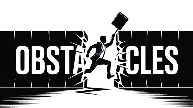 Vector illustration of a person overcoming obstacles with a sledgehammer