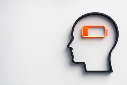 Low battery symbol inside a human head outline. Space for text.