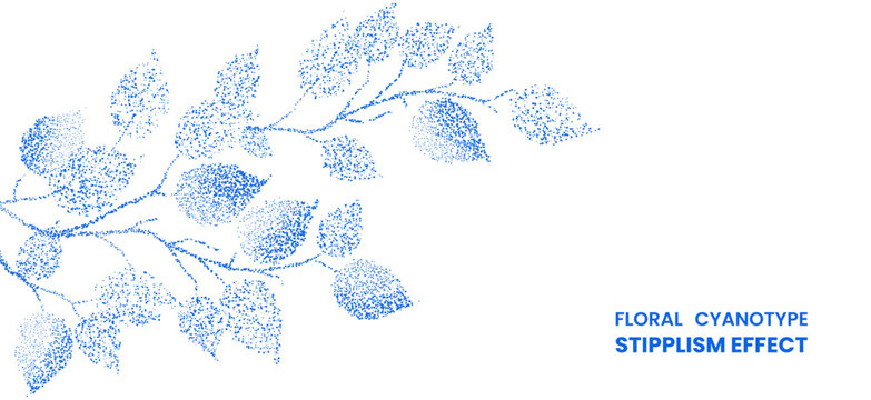 Floral cyanotype stipplism effect with a branch of leaves, artistic dotwork illustration in blue ink style, botanical design element isolated on white background