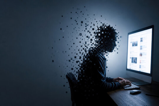 Person dissolving into pixels beside computer screen. Space for text.