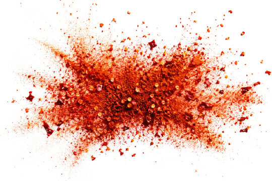 Red chili powder and flakes scatter on white background.
