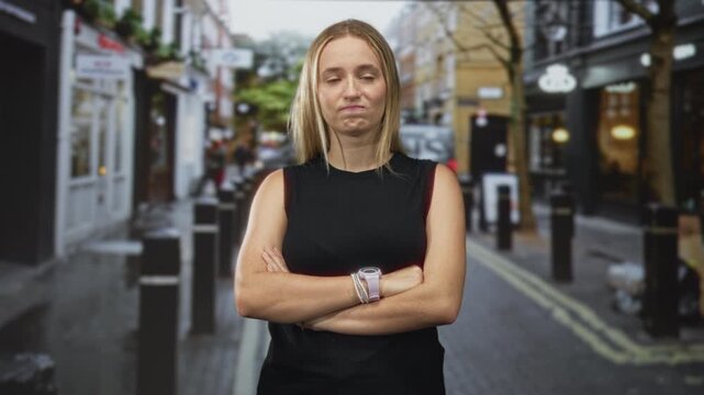 Woman with crossed arms showing wristwatch standing on a narrow city street with bollards and shopfronts; disapproval defiance.