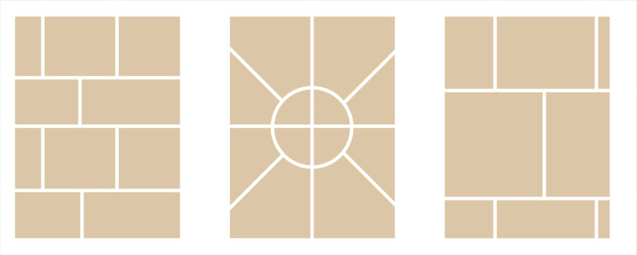 Image collage layout template. Beige mosaic mood board grid collection. Picture frame set. Photo album idea for banner, poster, comic page, flyer, brochure, booklet, memory wall design. Vector pack